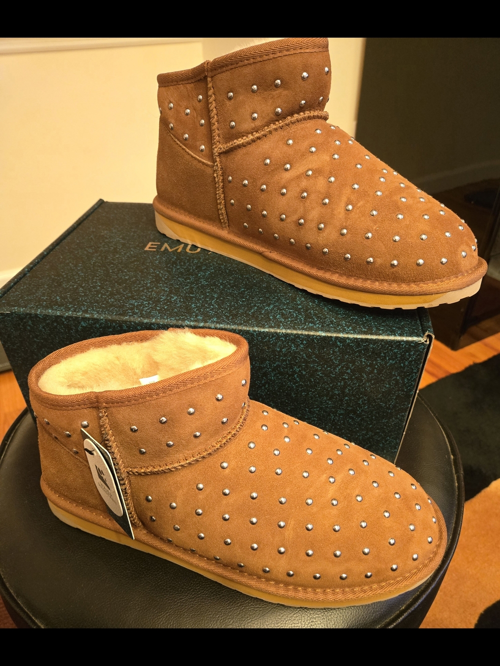 Emu Studded Chestnut Suede Shearling Ankle Boots